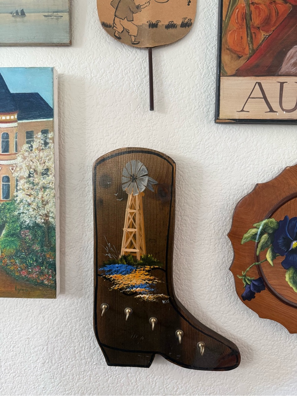 Vintage Signed Hand Painted Boot Wall Hook with Blue and Yellow Floral Accent